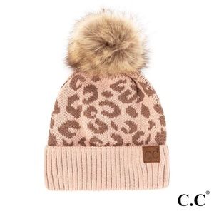 C.C Leopard Print Beanie with Faux Fur Pom - Rose